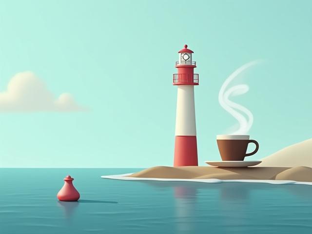 등대와 커피잔, 바다 풍경이 어우러진 그림