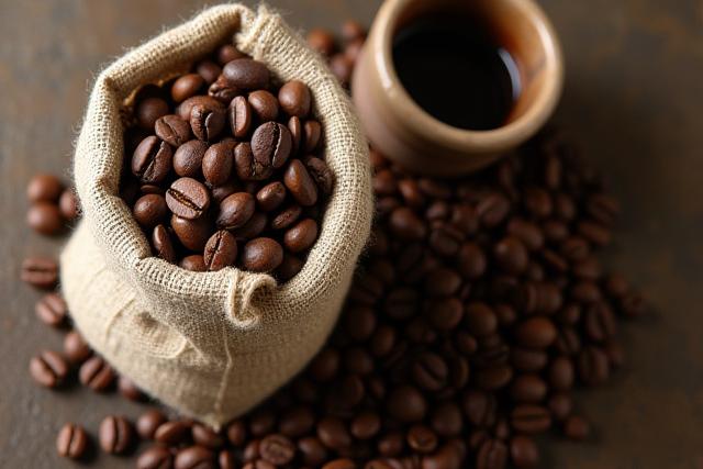로스팅된 신선한 커피 원두가 담긴 자루와 드리퍼